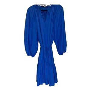 Kobi Halperin Linen Blend Blue Bishop Sleeve Midi Dress with Belt